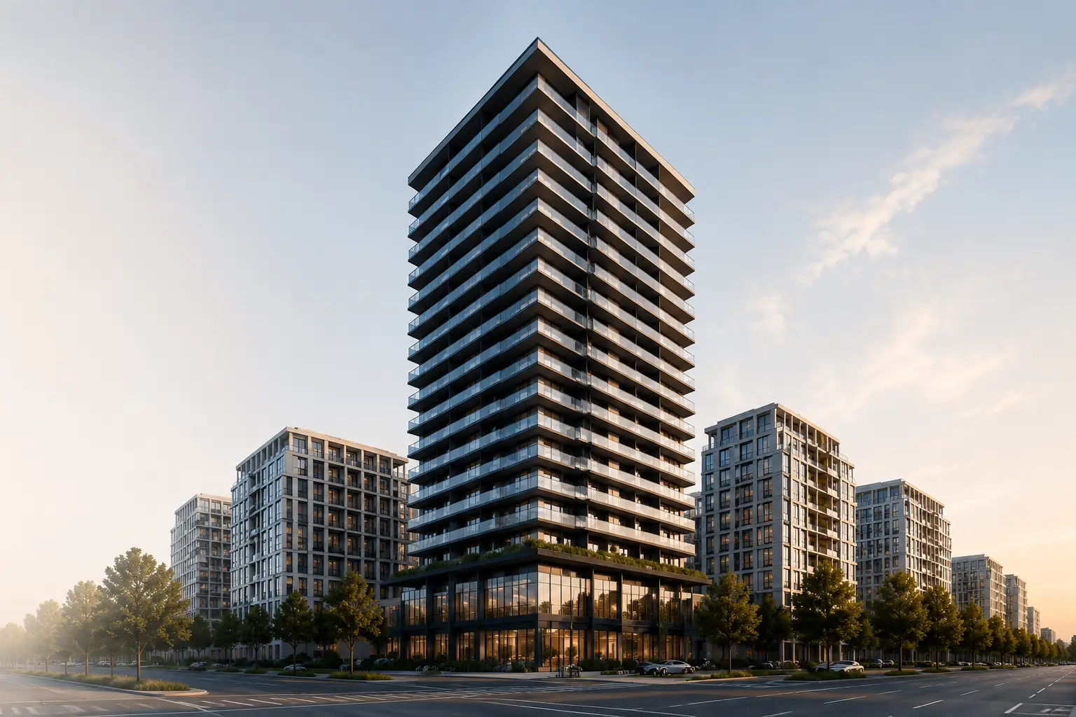 Modern high-rise apartment tower at sunset