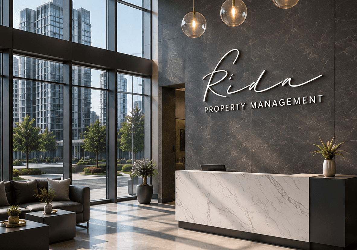 Modern property management lobby with marble desk