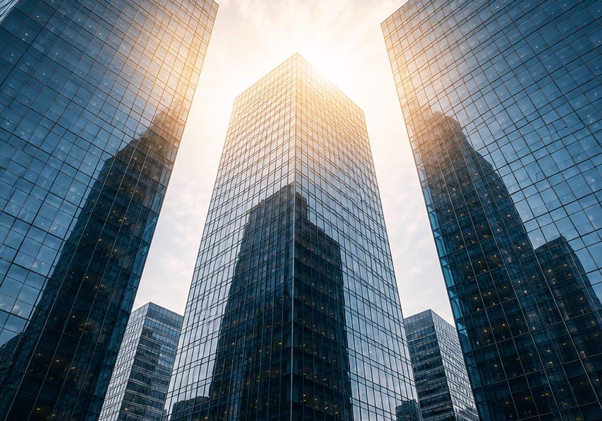Sunlit glass skyscrapers in downtown business district